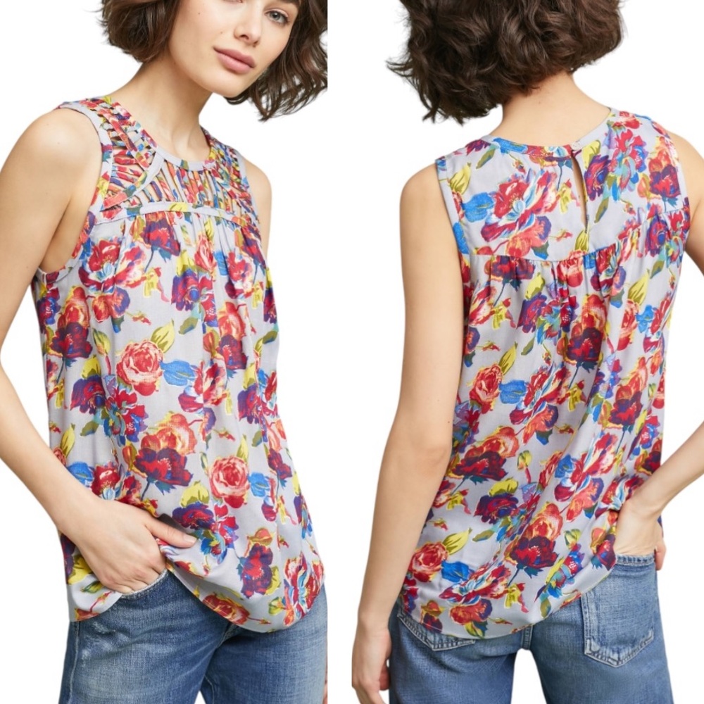 Anthropologie Ranna Gill Faye Floral Lattice Cutout Sleeveless Tank Top - S